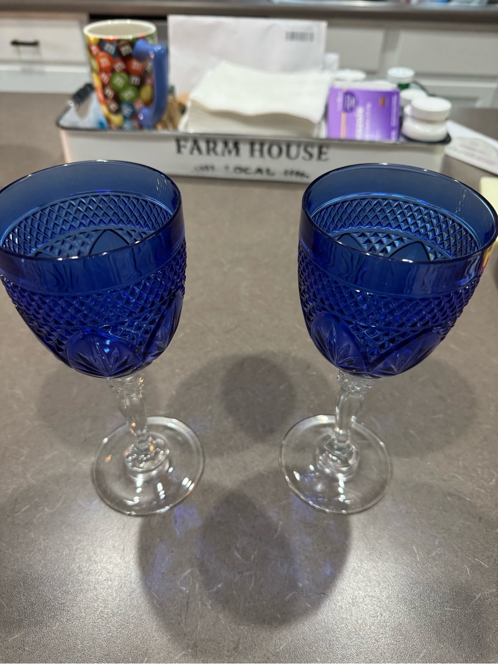Cobalt Blue Cut-Glass Wine Goblets – Set of 2
